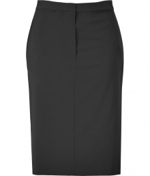 Wear this luxurious black wool-blend pencil skirt a million times - Classic, feminine cut with elegant blue stripes along the side that add extra style -  Features small, buttoned welt pockets at back, and two at the front waistband - Wear to the office with a silk blouse, blazer and heels for a look that transitions easily into the evening