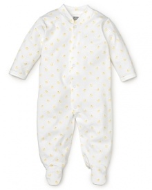 An adorable three-quarter sleeve footie in yellow duck print.