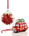 A little bit of everything. Combine the hand-painted poinsettia ball ornament with a classic family station wagon to ramp up the holiday cheer. Both shine with metallic sparkling accents by Holiday Lane.