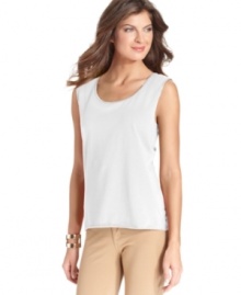 Jones New York's easy tank gets a touch of shine thanks to satin trim at the neckline. A perfect layering piece!