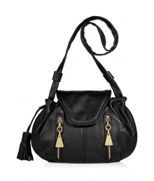 Add a jolt of Parisian chic to your outfit with See by Chlo?s jet black textured leather drawstring bag - Flap with magnetic snap closure underneath, zippered front slit pockets with gold-toned logo engraved pulls, drawstring top with oversized tassel, shoulder strap, printed lining, inside zippered back wall pocket - Wear with printed tops, favorite jeans and flats