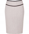 Elegant pencil skirt in fine, ecru cotton and linen blend - Particularly comfortable, thanks to a touch of stretch - Classic slim, curve-hugging silhouette - Hits just above the knee - Chic leather trim snakes the waist and hips - Contrast zip extends from small of the back to hem - Polished and versatile, a must for work, dressy luncheons and cocktails - Pair with a silk button down blouse, cropped leather jacket and pumps