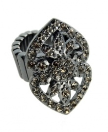 A distinctive oblong shape defines this vintage-inspired floral-themed stretch ring from GUESS. Embellished with black glass accents, it's crafted in hematite tone mixed metal. Ring adjusts to fit finger.