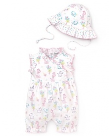 This adorable sleeveless shortall features multicolor animal prints allover and ruffle trim at the collar, sleeve and hem. She'll be extra cozy with the matching cap, which is trimmed with polka dot ruffles.