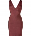 Luxurious cocktail dress in chestnut stretch rayon and nylon - One of the famous bandage dresses from fashion darling Herv? L?ger, his fans include Elle MacPherson, Kylie Minogue, Kate Winslet - The secret of these dresses lies in the narrow bands of fabric, which mold the female body sexy - With a deep V-neck, sculpted bustier and wide straps - The waist is accentuated feminine - Slim, mini length skirt - Although the dress fits tight, its super comfortable - A mega glam dress for those special occasions in life - With gold or nude sandals and an exquisite clutch