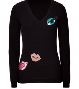 Quirky-cool patch details enliven this lovely pullover from Moschino C&C - V-neck, long sleeves, front eye-shaped and lip-shaped patches, slim fit, long body - Pair with skinny jeans, a pencil skirt, or cropped trousers