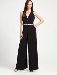 Timelessly stylish, this wide-leg jumpsuit features a sultry neckline and a chic belt.Deep v-neckSleevelessBelt loopsBelt includedAbout 33 from natural waist76% triacetate/21% polyester/3% polyurethaneDry cleanImported Model shown is 5'10 (177cm) wearing US size 4. OUR FIT MODEL RECOMMENDS ordering true size. 