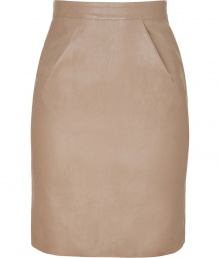 Luxe skirt in ultra-supple, beige leather - A sexy, sophisticated standout from French cult label Jitrois - Classic pencil cut is fitted and feminine, hits above the knee - Elegant dart detail at hips - Higher waist, zips at back - Flattering and polished, a must in any modern wardrobe - Pair with a blouse and blazer by day, or wear with a silk top and sandals by night