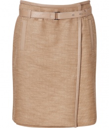 Amp up your workweek style with this ladylike wrap skirt from Tara Jarmon - Wrap style with leather belt at waist, front welt pockets, leather trim - Pair with a silk blouse, nude fishnets, and platform pumps