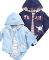 He'll be ready to play in this cute and comfortable bodysuit with matching hoodie and pants by First Impressions.