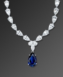 Layer your neckline with elegant design in eye-popping color. This glittering necklace by CRISLU features multiple clear cubic zirconias accented by a bold sapphire-colored cubic zirconia teardrop. Necklace crafted in sterling silver. Approximate length: 16 inches. Approximate drop: 1 inch.