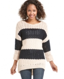 JJ Basics gets big on stripes in this open-knit sweater that's both preppy and winter smart! Layer it with a tank and tall boots for a go-to ensemble in your arsenal of winter looks!