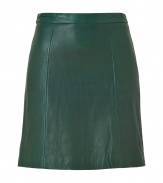 A jewel-tone green hue brings earthy glamour to this edgy leather mini from DKNY - Thin waistband, mini length, seaming details, concealed back zip closure - Wear with a retro-inspired blouse and ankle booties