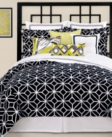 Black and white chic. A latticework design creates a bold look in this Black Trellis comforter set from Trina Turk for a decidedly contemporary appeal.