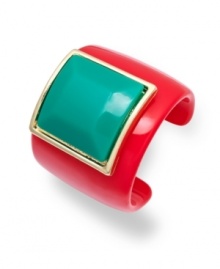 Colorblock chic. Try on the latest trend with Bar III's stylish cuff bracelet. Bold, contrasting colors in red and teal create an eye-popping effect. Set in resin and gold-plated mixed metal. Open cuff design slips comfortably over the wrist. Approximate diameter: 2-3/4 inches.