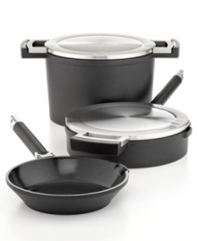 Calling all cooks to the kitchen-you're ready with this cast aluminum set, which features a nonstick ceramic coating that is PFOA- and PTFE-free for an eco-friendly approach to dishing out your favorite meals. Each professional piece keeps up with your pace thanks to mess-free pouring spouts, plus special holes along the rims of the covered vessels make it possible to pour with the lid still on! 3-year warranty.