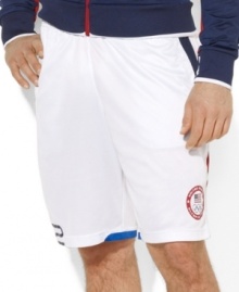 A classic-fitting athletic short is crafted from soft, silky microfiber with bold country graphics, celebrating Team USA's participation in the 2012 Olympics.