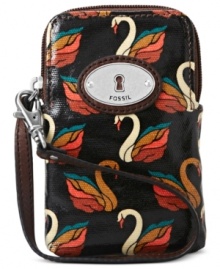 Petite and poised to meet your daily demands, this compact carryall from Fossil will stow cards, cash and coins in style. Sturdy coated canvas in a  playful pattern is accented with signature hardware and detachable wristlet strap; it's all you need when dashing out the door.