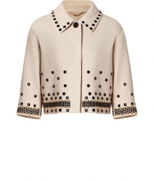 Inject an edge of modern elegance into your outfit with Moschinos ultra contemporary dot studded cropped jacket - Embellished collar, 3/4 sleeves, hidden front snaps - Cropped, tailored silhouette - Wear with tailored sheath dresses and ladylike peep-toes