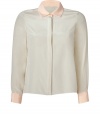 Modern and contemporary with chic tonal pastel coloring, NY born and raised designer Jonathan Simkhais sweet silk blouse is a fun choice for dressing up daytime looks - Blush collar and cuffs, long sleeves, button-down front, longer back - Loosely tailored fit - Wear with favorite skinnies and flats