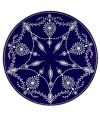 A show-stopping accent plate from Marchesa by Lenox, this Empire Indigo dinnerware wows everyone around the formal table with a bedazzling platinum pattern in indigo bone china.