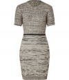 With a figure-hugging fit and a neutral knit pattern, this sweater dress from Joseph is anything but frumpy - Round neck, short sleeves, fitted silhouette, chunky knit bodice, knit patterned pencil-style skirt, ribbed cuffs and hem - Wear with a blazer and peep-toe heels