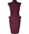 Sculptural and futuristic, this ultra-chic sheath from Hakaan boasts a figure-enhancing peplum and a flattering fitted silhouette - Stand collar, sleeveless, fitted bodice with contrasting side panels, pencil skirt with peplum panels, concealed back zip closure - Wear with statement heels and an embellished clutch