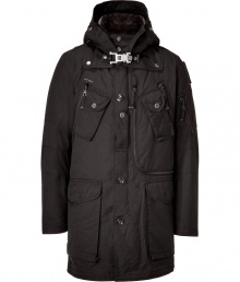 Stay warm and incredibly stylish in this utilitarian-cool down coat from Parajumpers - Hooded with faux-fur lining, snap-detailed yoke at neckline, concealed front zip closure with button placket, flap and zip pockets, long sleeves, elasticized waistline, zip-detailed back vent, removable quilted lining - Slim fit - Wear with straight leg jeans, a cashmere pullover, and boots