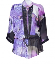 Inject your look with new-season style with this ultra luxe tunic top from Roberto Cavalli - Deep V-neck with  sequin embellishment and tie details, blouson style, elasticized waistband, dolman sleeves, all-over print, semi-sheer - Style with figure-hugging skinnies and platform pumps