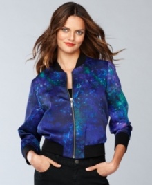 Totally on-trend with its borrowed-from-the-boys feel, INC's printed bomber jacket is surprisingly versatile. Try it with jeans for a casual look -- or play up the contrast and layer it with a feminine dress for an edgier take.