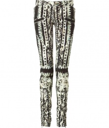 Get of-the-moment style with these unbelievable tribal-print pants from Parisian It Label Balmain - Low rise, fold-over snap-detailed front, belt loops, side slit pockets, back patch pockets, super slim fit, all-over print, zip detailed hem - Wear with a high-low hem top, a draped front leather jacket, and platform pumps