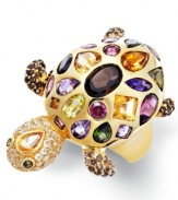 Underseas style. This bedazzled turtle ring features flecks of every color with gemstones including smokey quartz (1/10 ct. t.w.), green tourmaline (1-1/5 ct. t.w.), citrine (1-3/8 ct. t.w.), amethyst (5/8 ct. t.w.), rhodalite (1-1/3 ct. t.w.), peridot (1/3 ct. t.w.) and white topaz (5/8 ct. t.w.).  Set in 14k gold-plated sterling silver. Size 7.