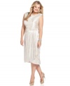 Jones New York's plus size dress features a flattering faux-wrap silhouette and unstoppable metallic shimmer!