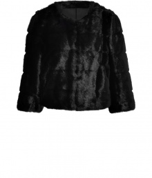 Tap into one of the seasons hottest tactile trends in animal-friendly style with DKNYs black faux fur jacket  - Shorter, slightly boxier cut - Open style, with long sleeves and round neck - Polished and ultra-chic, perfect for parties and evenings out - Pair with a cocktail dress and pumps, or with leather pants and ankle booties