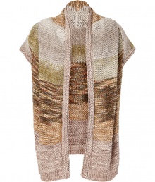 Luxurious cardigan in fine rayon-wool blend - Elegant in warm brown, golden and green tones - Features a small stand-up collar, open front and short, wide sleeves - Great alternative to classic cardigans or blazers, with jeans and boots or a pencil skirt and heels