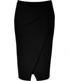 An exquisite choice for business to cocktails looks, Donna Karans stretch wool pencil skirt cuts a flattering feminine figure no matter how you wear it - Wrapped front with slit, elasticized waistline, contoured seaming, pulls on - Form-fitting - Team with feminine tops and standout statement accessories