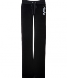 Work an edge of rock n roll attitude into your outfit with Juicy Coutures embellished logo pants - Drawstring waistline, straight leg, sits low on the hips - Style with a tee and cozy pullover, or for a sportier look, with a matching hoodie and flats