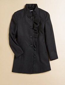 Frilly, ruffled front trim gives this single-breasted peacoat design a chic girlish look.Stand collarFront button closureTonal seamsDual seam pocketsPolyester/rayon/spandexFully linedMachine washImported