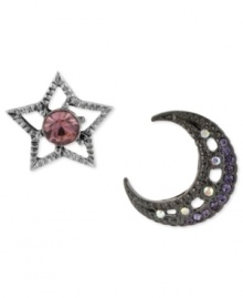 Light up the night with this pair of mismatch stud earrings from Betsey Johnson. Crafted from hematite-plated and silver-tone mixed metal, the star and moon shine bright with multicolor glass crystal accents. Approximate drop: 5/8-3/4 inch.