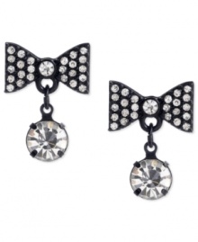 Black tie flair. This pair of drop earrings from Betsey Johnson is crafted from black-plated mixed metal with glass crystal accents and a stone adding a whimsical touch to any formal occasion. Approximate drop: 1 inch.