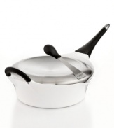 Elegant & sophisticated, this cast aluminum vessel is a true piece of art and performs like a real professional, too. The lightweight design heats up quickly & evenly for consistent, delicious results. Crafted with holes in the rim for pouring with the cover on and a stay-cool phenolic resin handle, this covered deep skillet is perfect for steaming, searing and braising your favorite dishes. 3-year warranty.