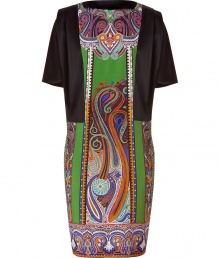 Perennially elegant paisley takes a modern, color-saturated turn with Etros sumptuous silk dress - Fashionably pattern blocked in solid black and vibrant shades of green, blue orange and purple - Round neck and draped, short sleeves -  On trend, boxier cut slims through waist and hips, tapering above the knee - Pair with strappy sandals, platform pumps or ankle booties and a clutch