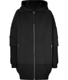 Inject ultra cool style into your outfit with Marc by Marc Jacobs mixed-media hooded jacket, equal parts versatile, edgy and easy-to-wear - Hooded, long sleeves, dropped shoulders, layered-effect scuba-style top, sweatshirt bottom, zippered front, zippered slit pockets - Oversized - Wear with leather leggings and edgy black accessories