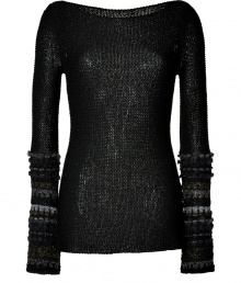 Inject an edge of urban glamour into your contemporary luxe look with Donna Karans intricately crafted open knit pullover - Boat-neckline, long wide sleeves with metallic, olive, and tonal grey stitched cuffs - Long, fitted silhouette - Layer over jet black tissue tees and edgy slim trousers