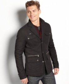 A cold weather jacket from X-Ray that borrows its three-button silhouette from traditional tailored clothing and its functional features-like those zip pockets and the warm quilted lining-from the best of high-end activewear.