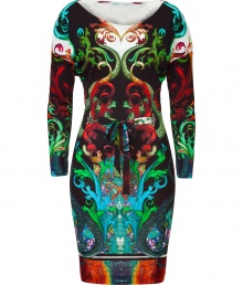 Transition from office chic to evening glam with this belted fitted frock from Roberto Cavalli - Round neck, long sleeves, tie-belt at waist, all-over print, fitted silhouette - Wear with an open front leather jacket and platform heels