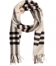 Finish your look on an iconic note with Burberry Londons giant check scarf, detailed in brushed cashmere for luxuriously cozy results - Fringing at both ends - Wear inside over bright knit sweaters, or outdoors over classic coats with leather gloves