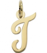 The perfect gift for Tina. This polished T initial charm features a pretty, small script design in 14k gold. Chain not included. Approximate length: 7/10 inch. Approximate width: 3/10 inch.