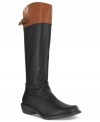 Classic two-toned beauty. Mia's Theodora riding boots feature buckles at the back knee and a modest heel.