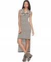 A dramatic asymmetrical hi-lo hem and allover stripes up the edge on this Bar III dress -- perfect for graphic downtown-chic!